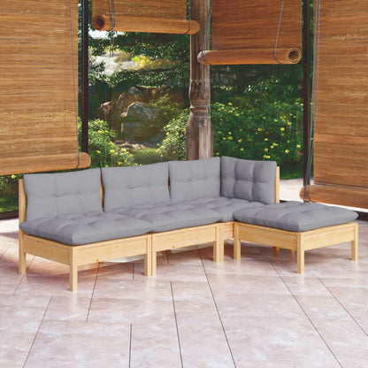 4-tlg. Garten-Lounge-Set mit Grauen Kissen Kiefernholz
