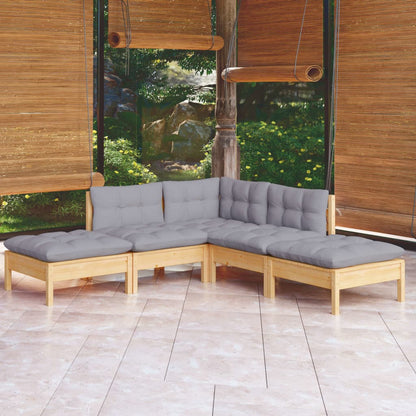 5-tlg. Garten-Lounge-Set mit Grauen Kissen Kiefernholz