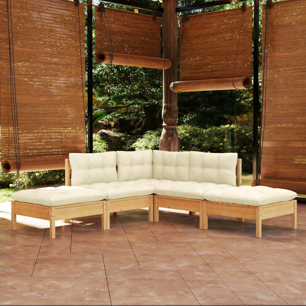 5-tlg. Garten-Lounge-Set mit Creme Kissen Kiefernholz