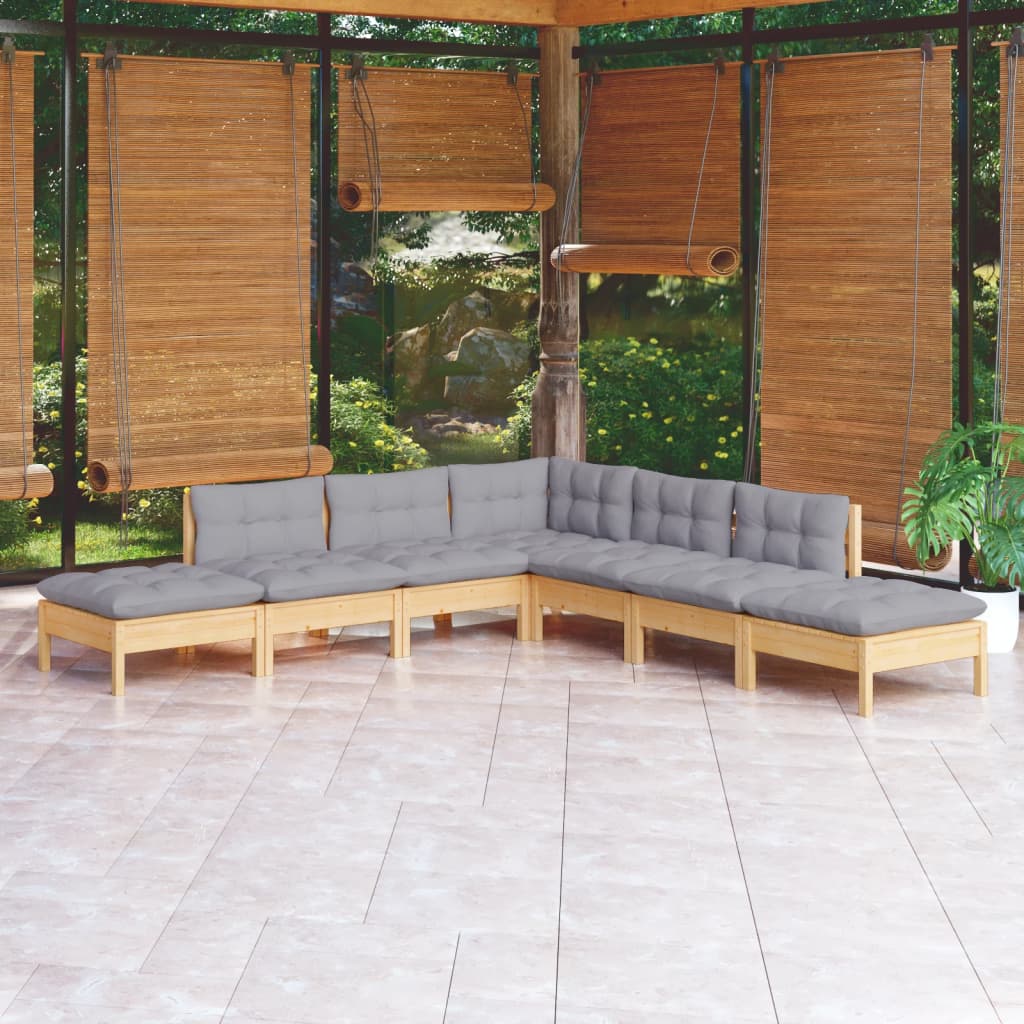 7-tlg. Garten-Lounge-Set mit Grauen Kissen Kiefernholz