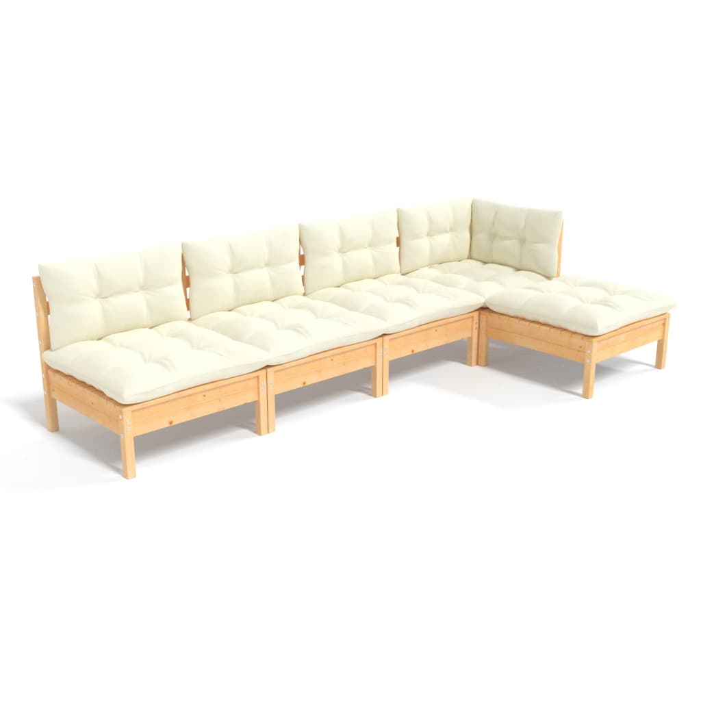 5-tlg. Garten-Lounge-Set mit Creme Kissen Kiefernholz
