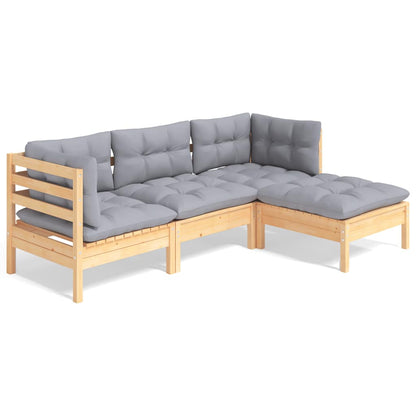 4-tlg. Garten-Lounge-Set mit Grauen Kissen Kiefernholz