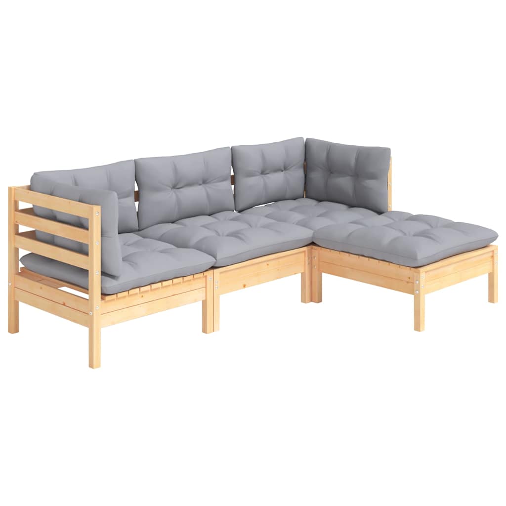 4-tlg. Garten-Lounge-Set mit Grauen Kissen Kiefernholz