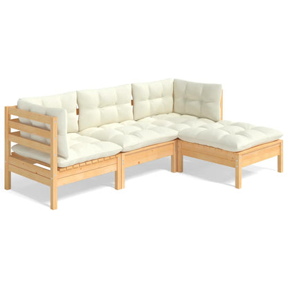 4-tlg. Garten-Lounge-Set mit Creme Kissen Kiefernholz