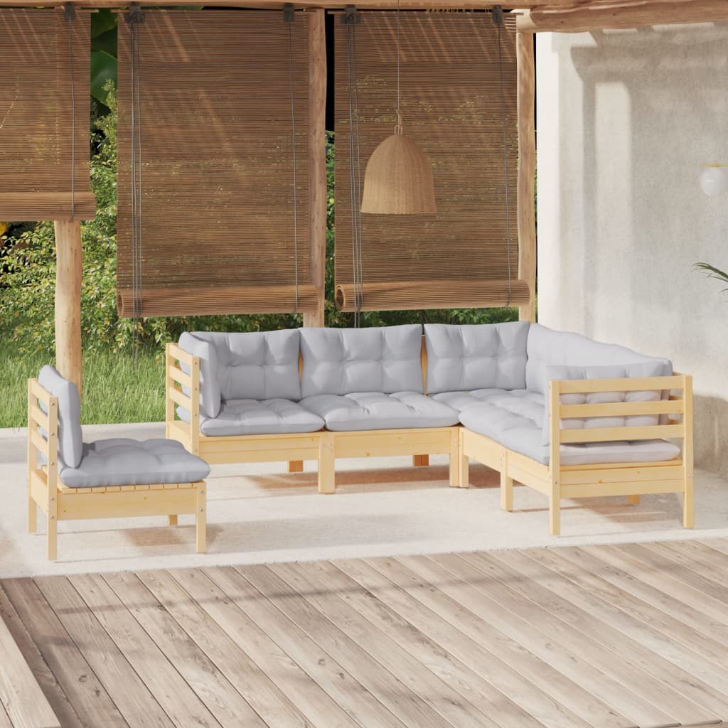 5-tlg. Garten-Lounge-Set mit Grauen Kissen Kiefernholz