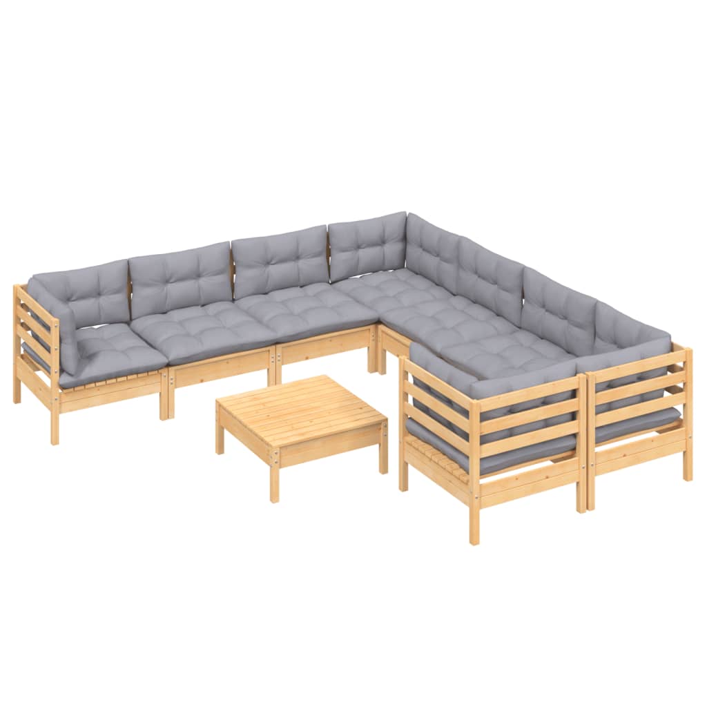 9-tlg. Garten-Lounge-Set mit Grauen Kissen Kiefernholz