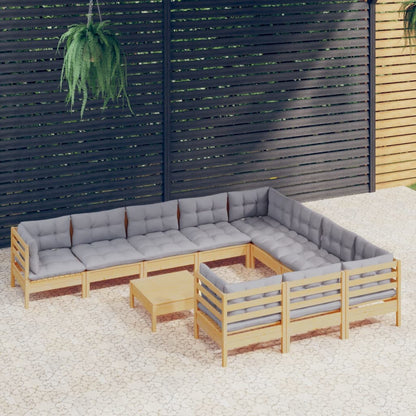 11-tlg. Garten-Lounge-Set mit Grauen Kissen Kiefernholz