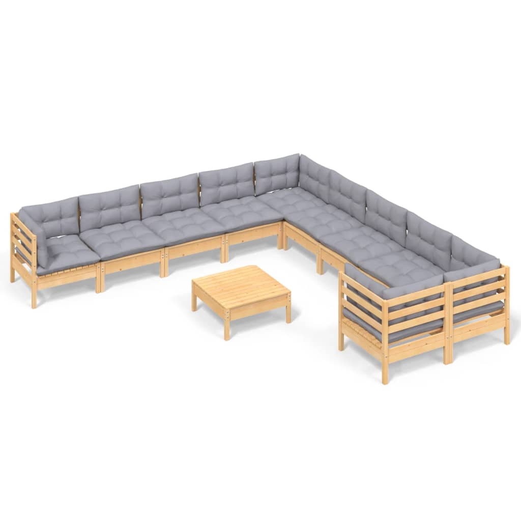 11-tlg. Garten-Lounge-Set mit Grauen Kissen Kiefernholz