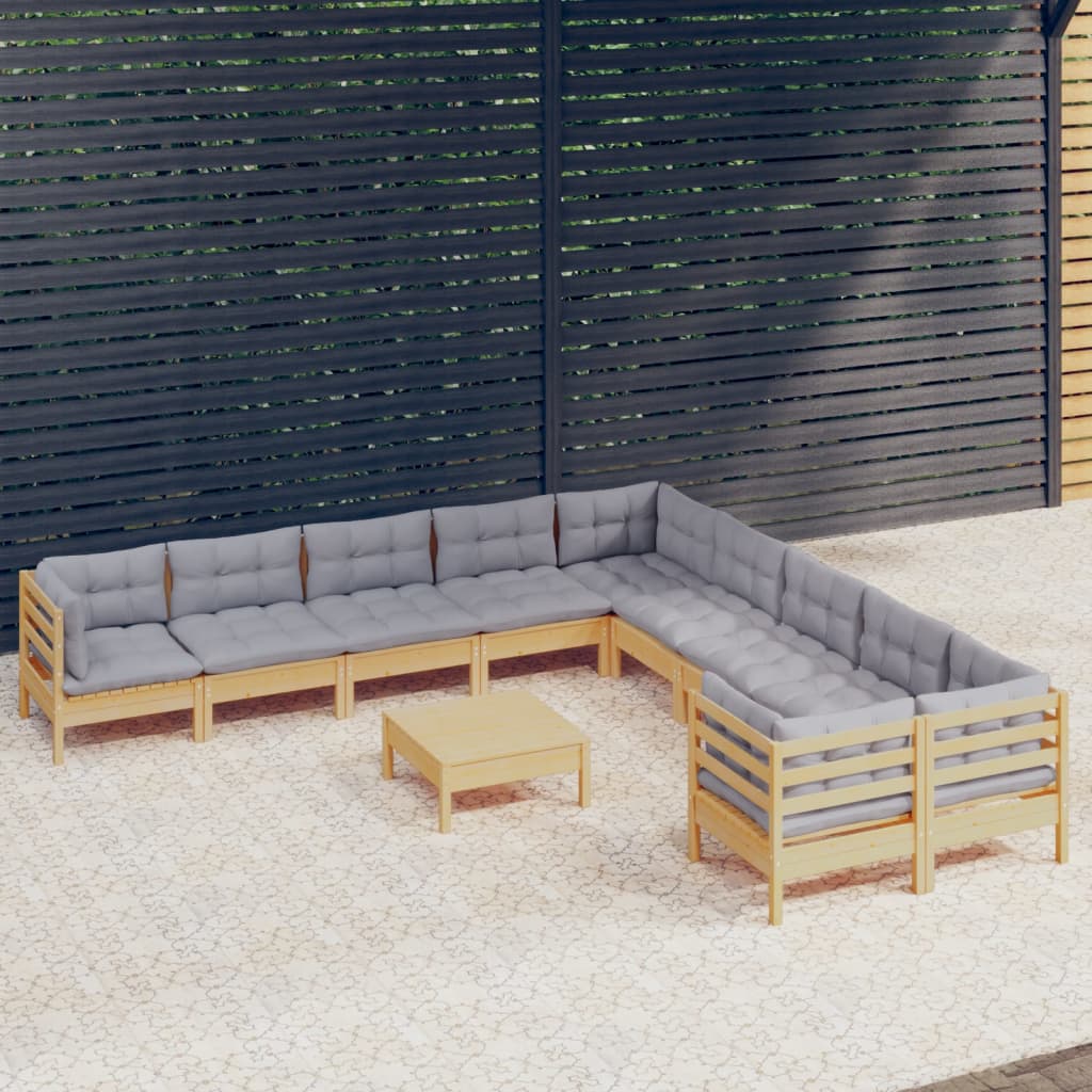 11-tlg. Garten-Lounge-Set mit Grauen Kissen Kiefernholz