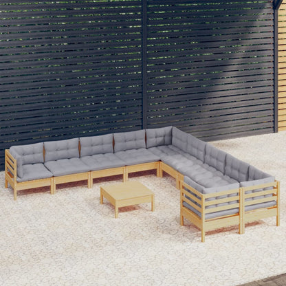11-tlg. Garten-Lounge-Set mit Grauen Kissen Kiefernholz