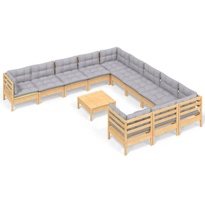 12-tlg. Garten-Lounge-Set mit Grauen Kissen Kiefernholz