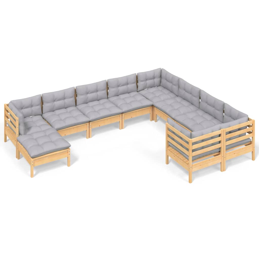 10-tlg. Garten-Lounge-Set mit Grauen Kissen Kiefernholz