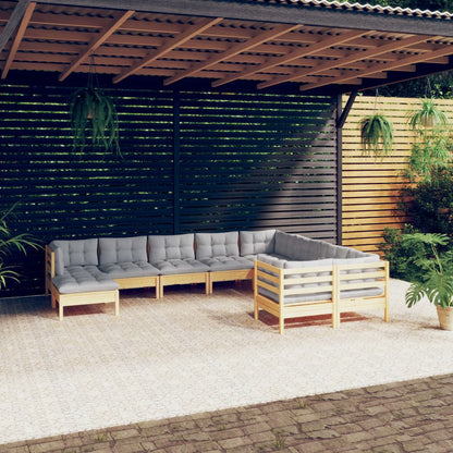 10-tlg. Garten-Lounge-Set mit Grauen Kissen Kiefernholz