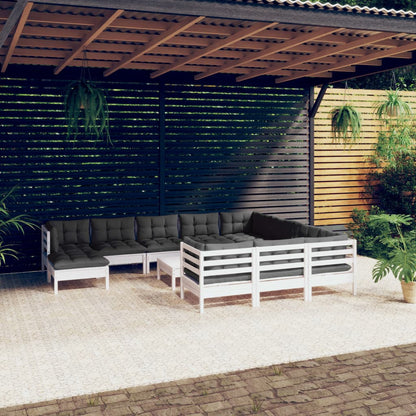 12-tlg. Garten-Lounge-Set mit Kissen Weiß Kiefernholz
