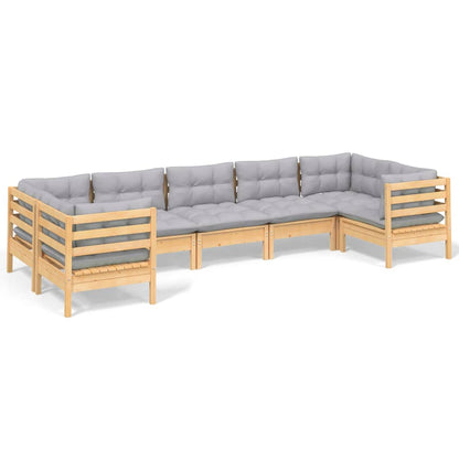 7-tlg. Garten-Lounge-Set mit Grauen Kissen Kiefernholz