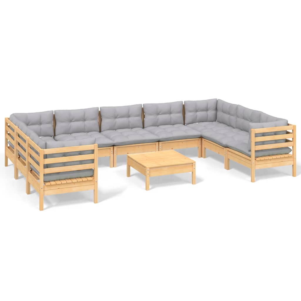10-tlg. Garten-Lounge-Set mit Grauen Kissen Kiefernholz