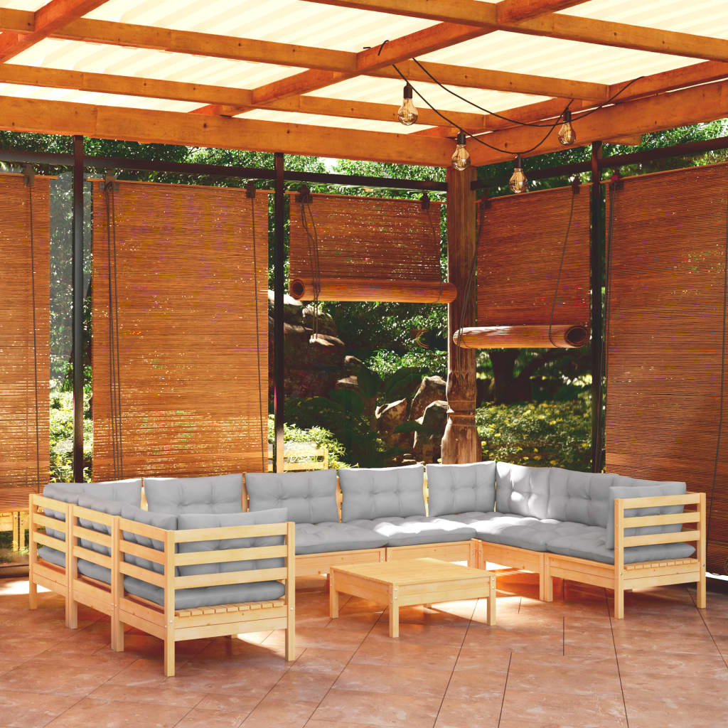 10-tlg. Garten-Lounge-Set mit Grauen Kissen Kiefernholz