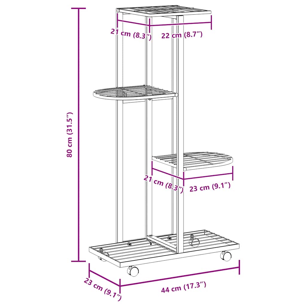 Blumenständer 4-Etagen mit Rollen 44x23x80 cm Weiß Eisen