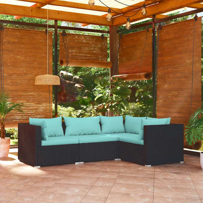 4-tlg. Garten-Lounge-Set mit Kissen Poly Rattan Schwarz