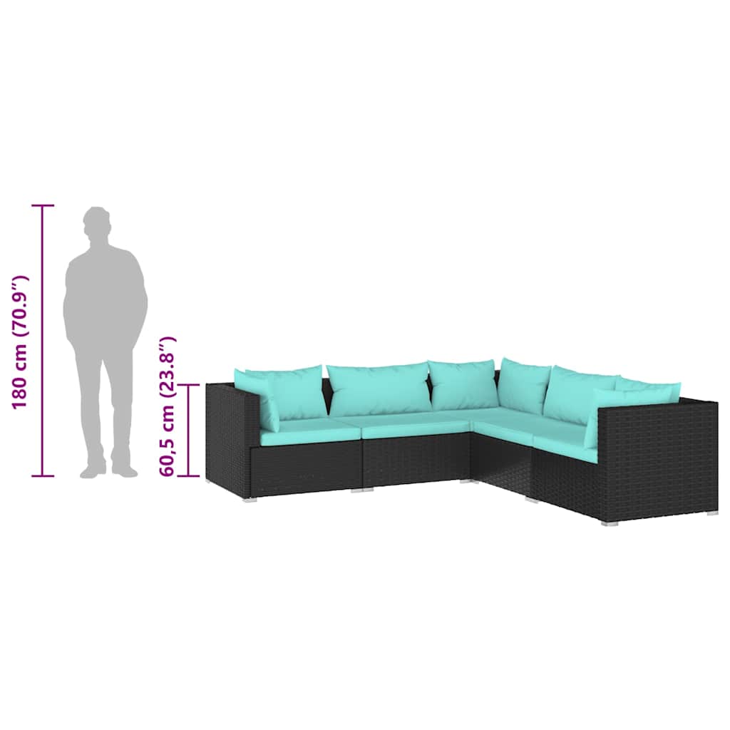 5-tlg. Garten-Lounge-Set mit Kissen Poly Rattan Schwarz