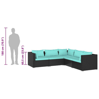 5-tlg. Garten-Lounge-Set mit Kissen Poly Rattan Schwarz