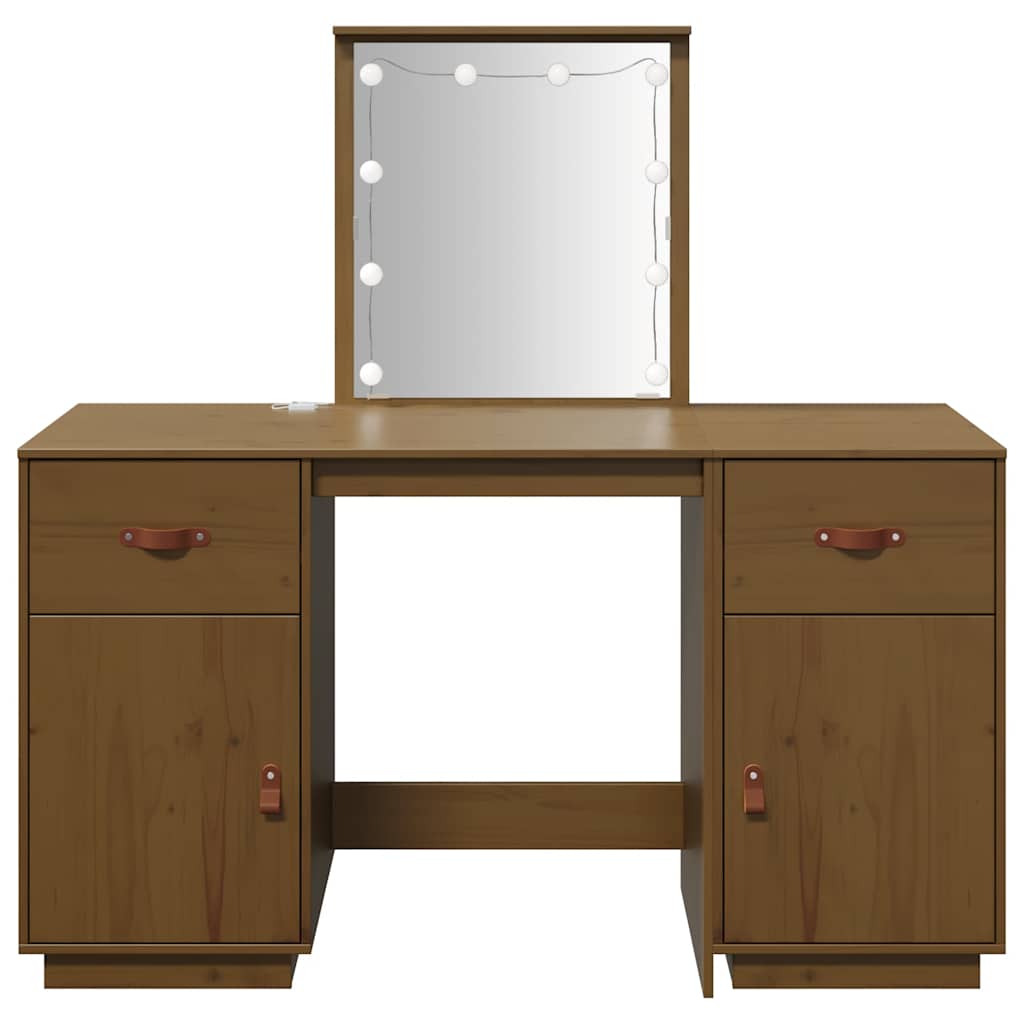 Schminktisch-Set mit LED Honigbraun Massivholz Kiefer