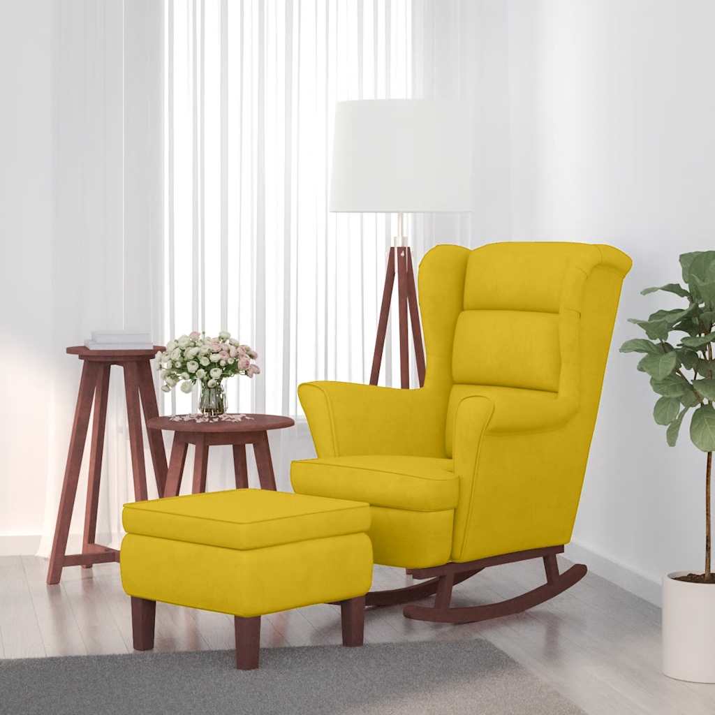 Schaukelstuhl Ohrensessel Gelb Samt und Massivholz