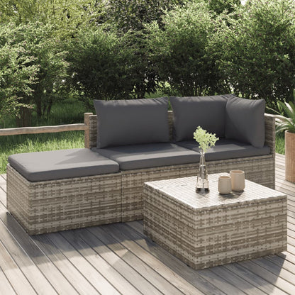4-tlg. Garten-Lounge-Set mit Kissen Grau Poly Rattan