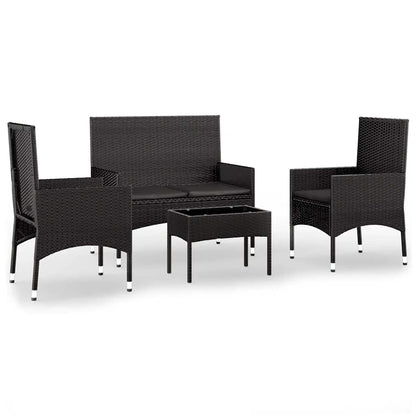 4-tlg. Garten-Lounge-Set mit Kissen Schwarz Poly Rattan