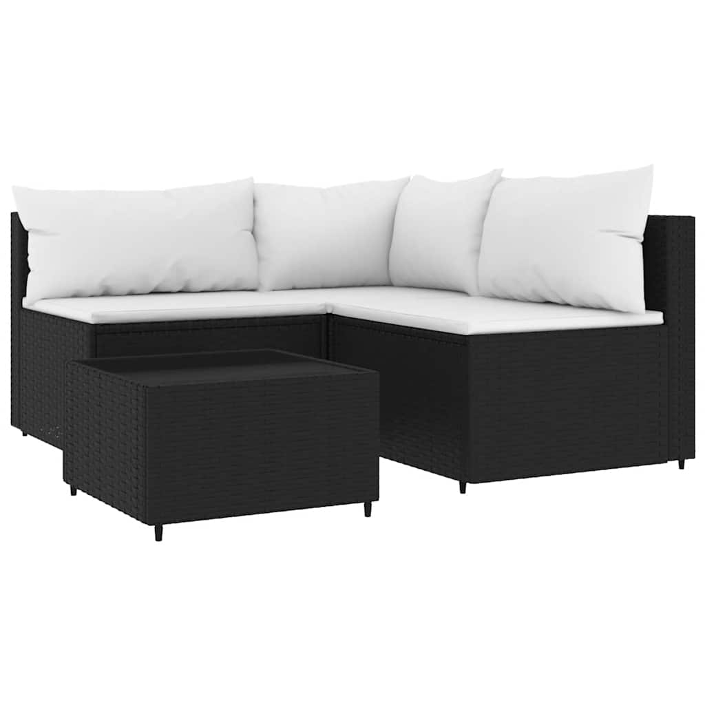 4-tlg. Garten-Lounge-Set mit Kissen Schwarz Poly Rattan