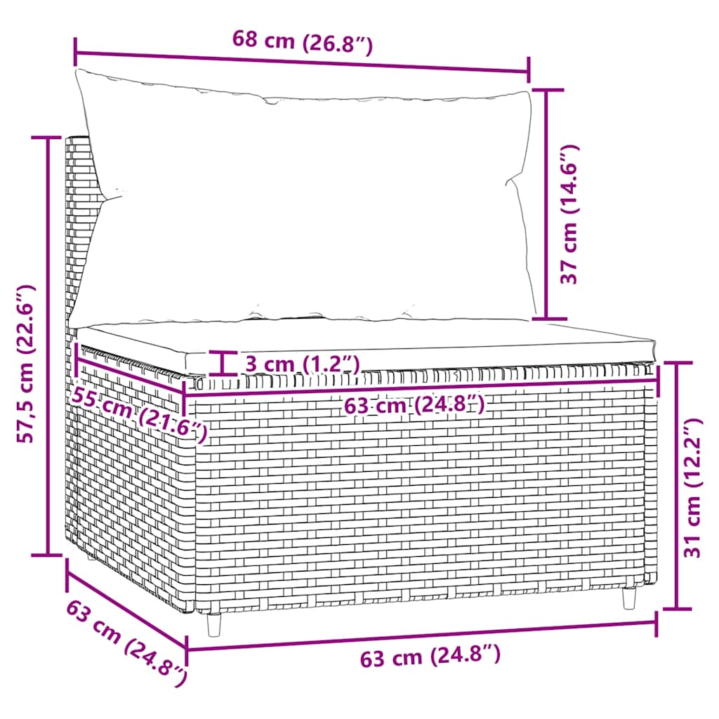 Garten-Mittelsofa mit Kissen Grau Poly Rattan