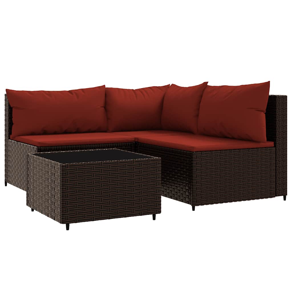 4-tlg. Garten-Lounge-Set mit Kissen Braun Poly Rattan
