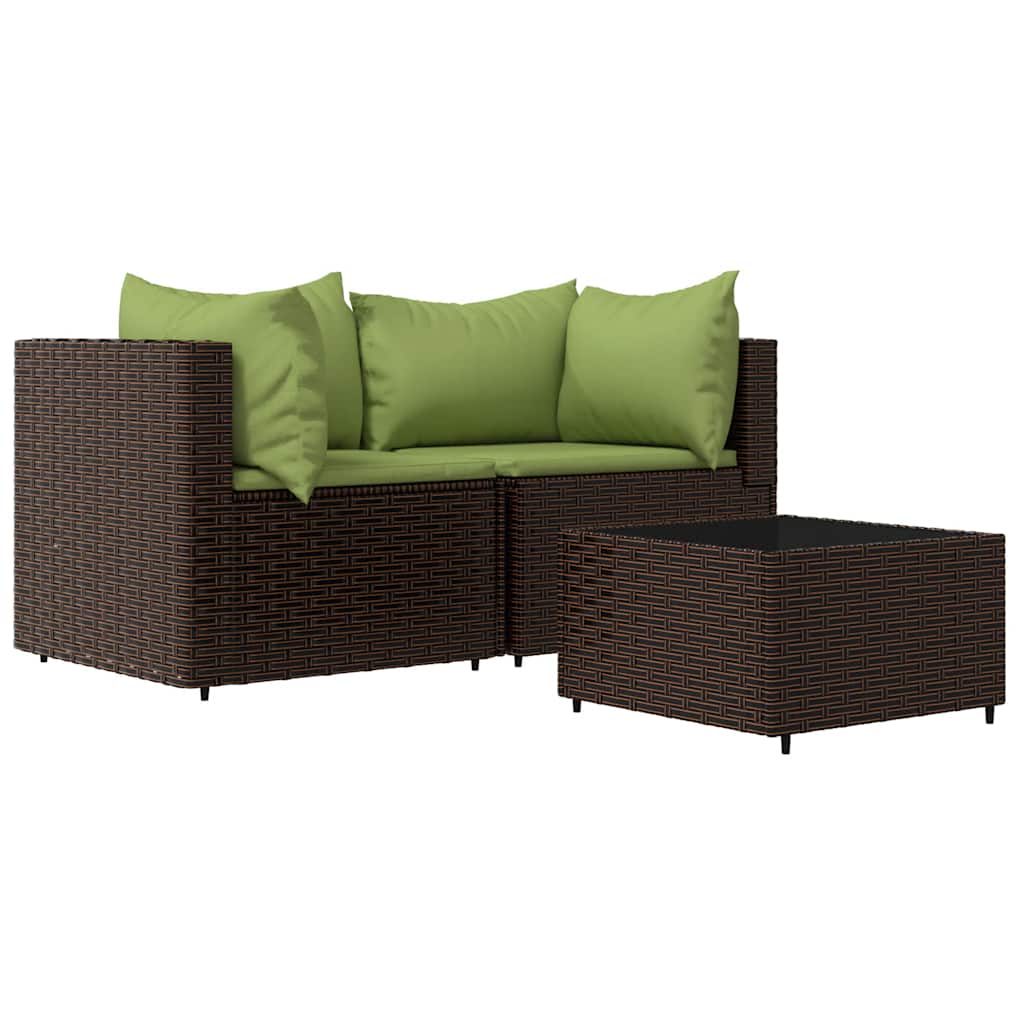 3-tlg. Garten-Lounge-Set mit Kissen Braun Poly Rattan