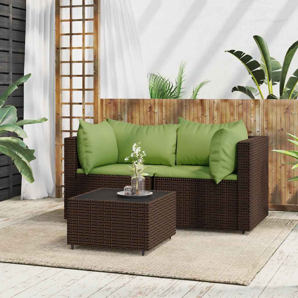 3-tlg. Garten-Lounge-Set mit Kissen Braun Poly Rattan