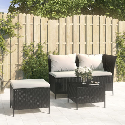 3-tlg. Garten-Lounge-Set mit Kissen Schwarz Poly Rattan