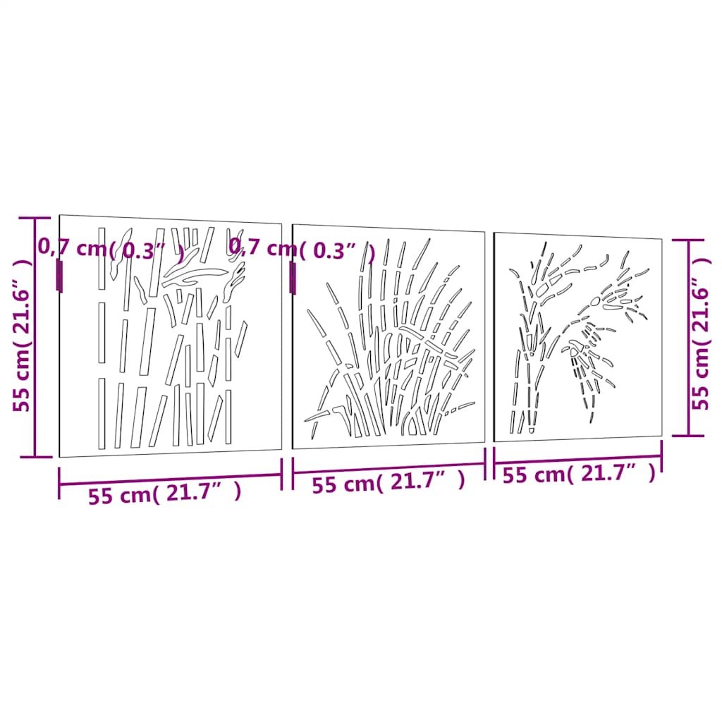 3-tlg. Garten-Wanddeko 55x55 cm Cortenstahl Gras-Design