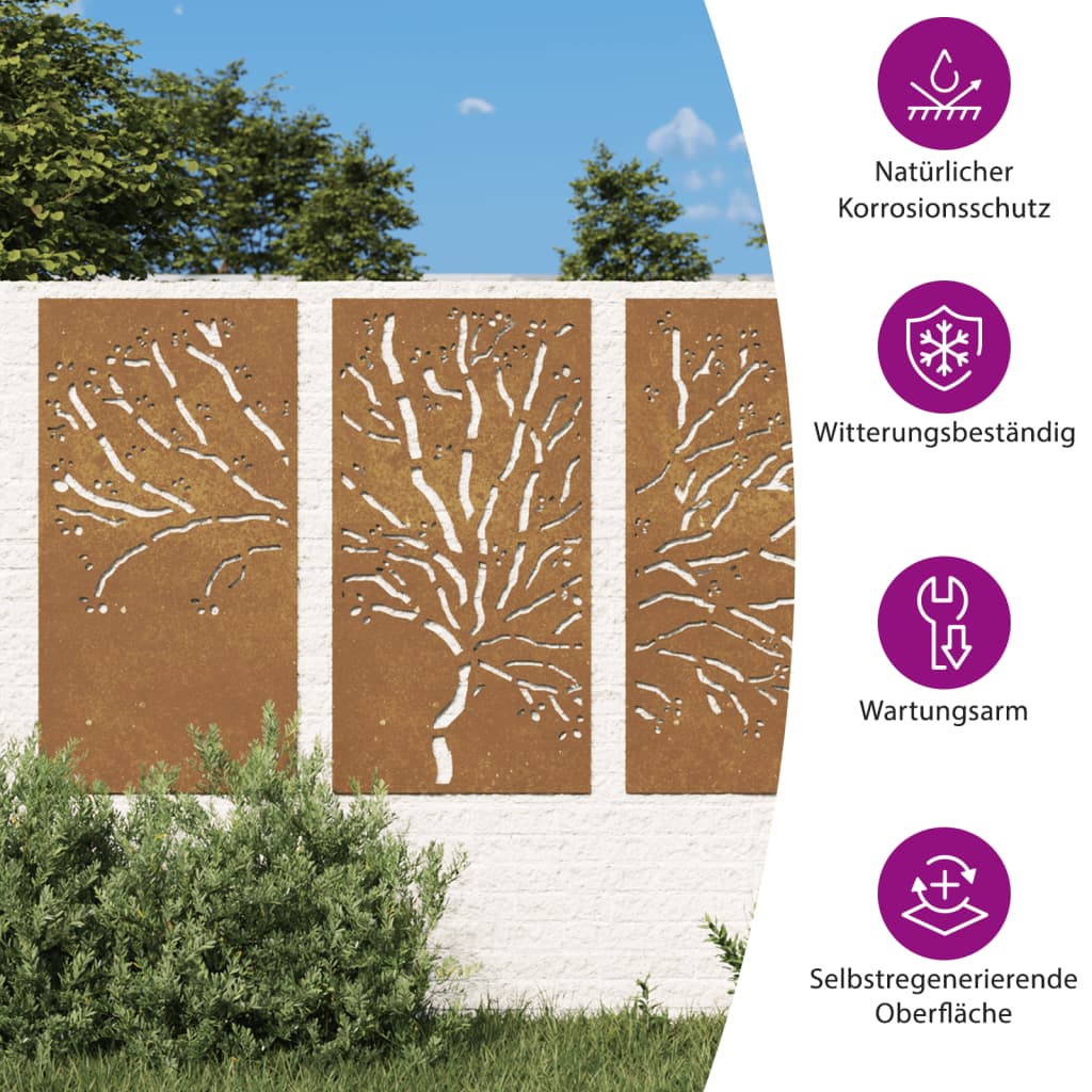 3-tlg. Garten-Wanddeko 105x55 cm Cortenstahl Baum-Design