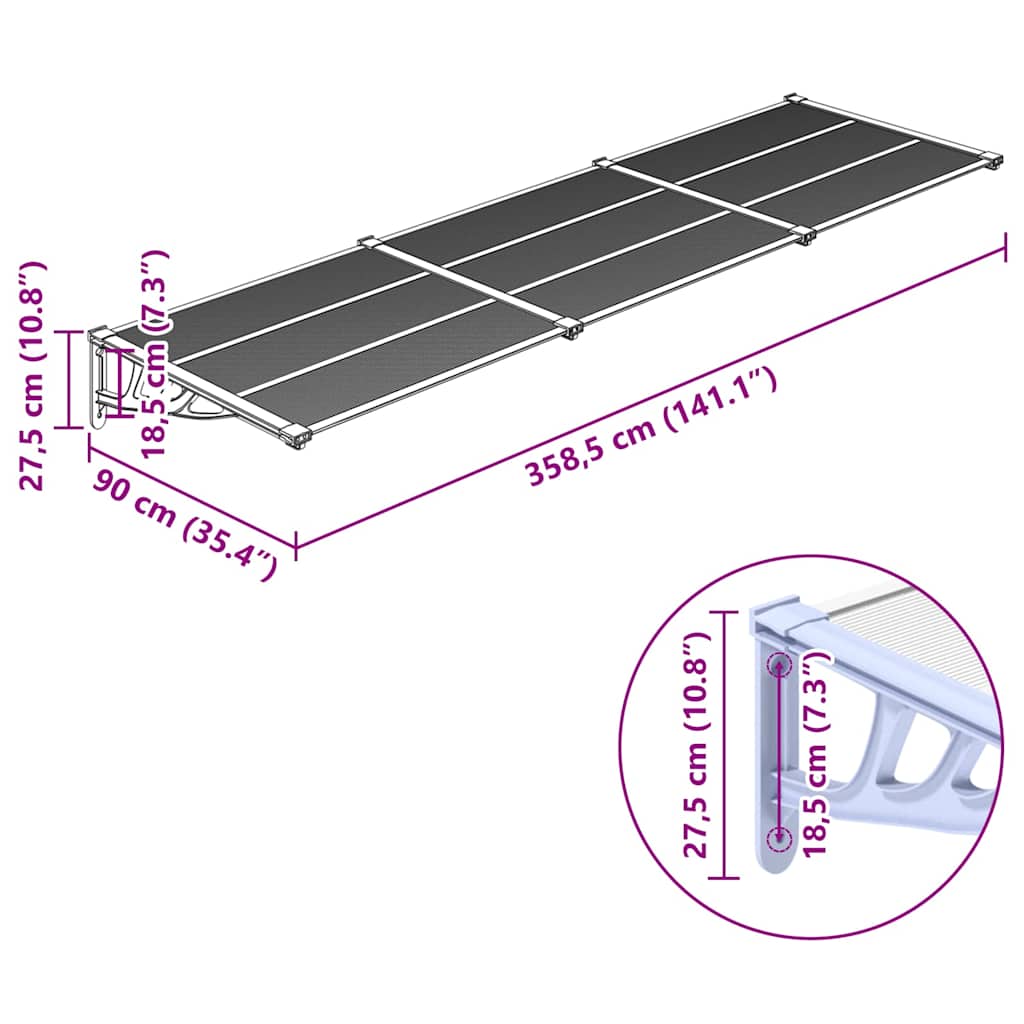 Türvordach Grau und Transparent 358,5x90 cm Polycarbonat