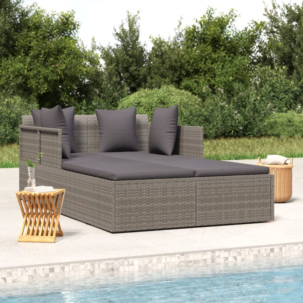 Sonnenliege mit Kissen Grau 182x118x63 cm Poly Rattan