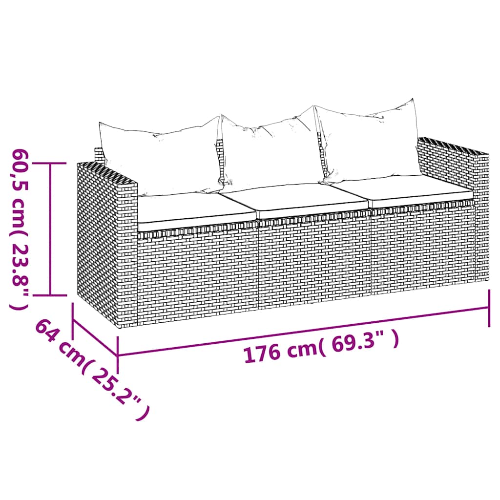 Gartensofa 3-Sitzer mit Kissen Grau Poly Rattan