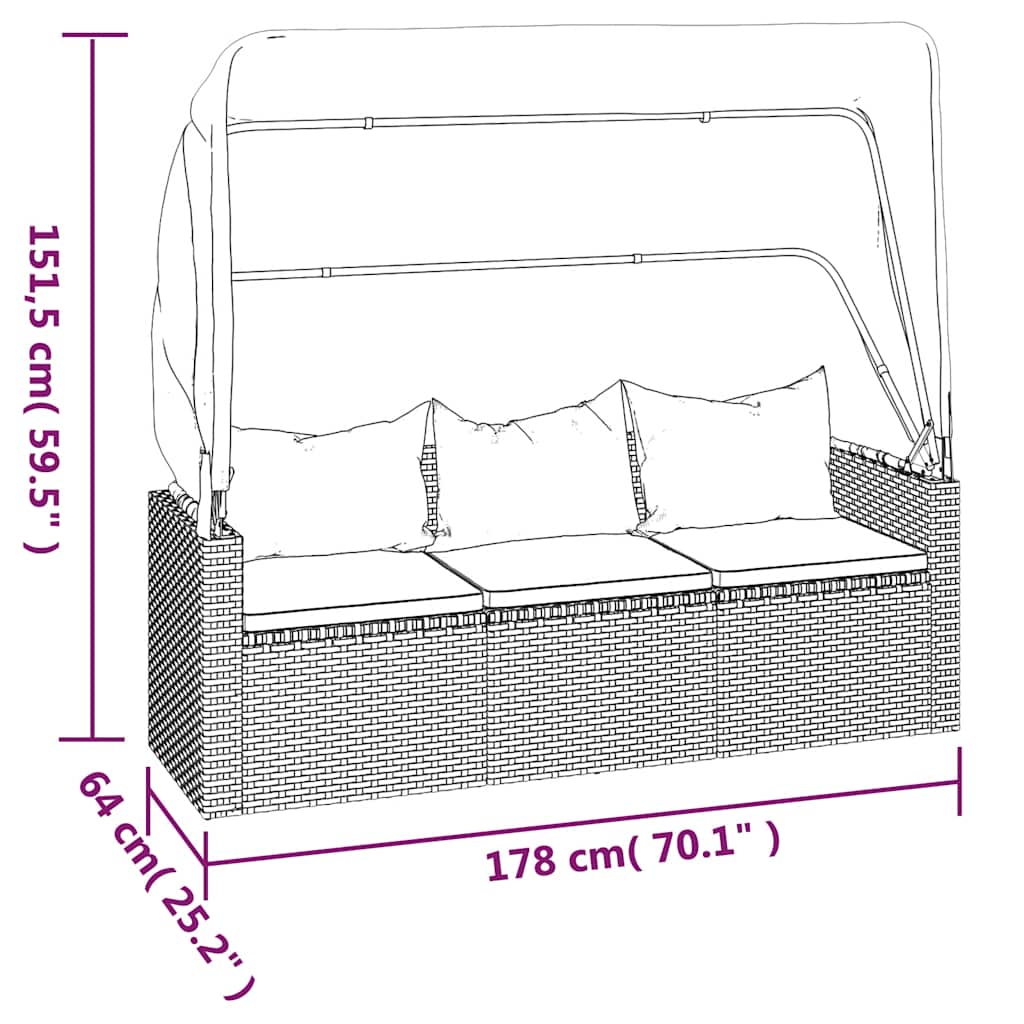 3-Sitzer-Gartensofa mit Dach und Fußhocker Grau Poly Rattan