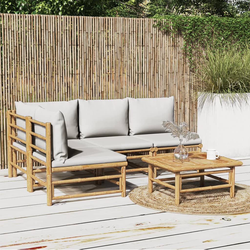 5-tlg. Garten-Lounge-Set mit Hellgrauen Kissen Bambus