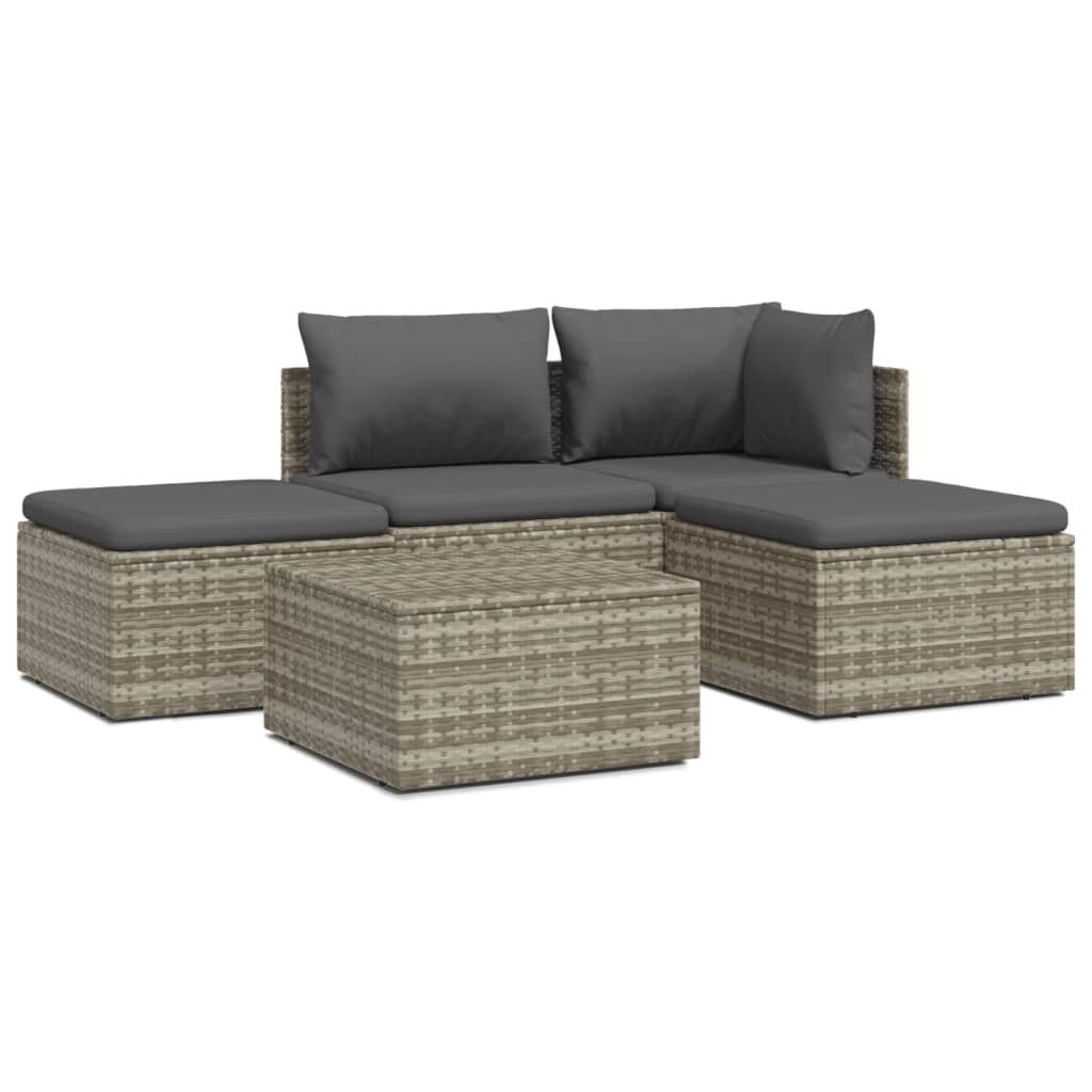 5-tlg. Garten-Lounge-Set mit Kissen Grau Poly Rattan