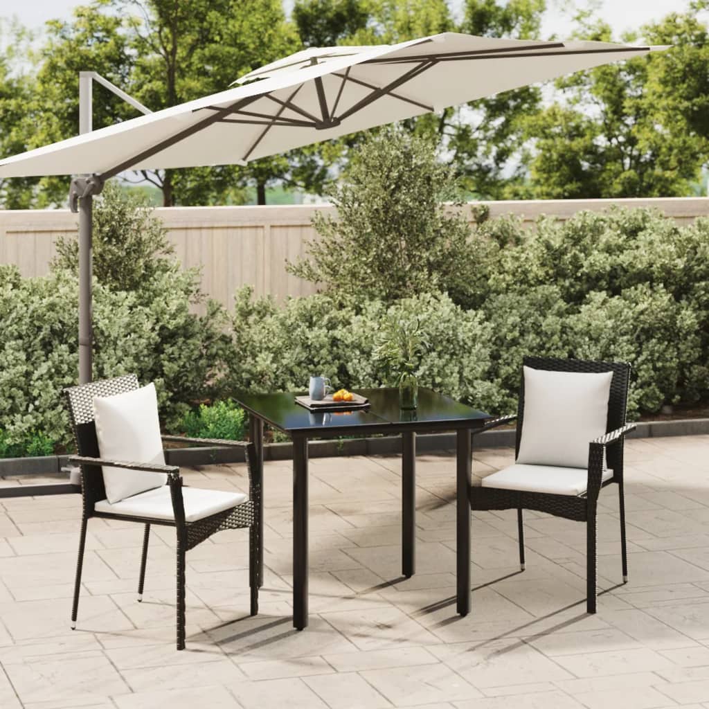 3-tlg. Garten-Essgruppe mit Kissen Schwarz Poly Rattan