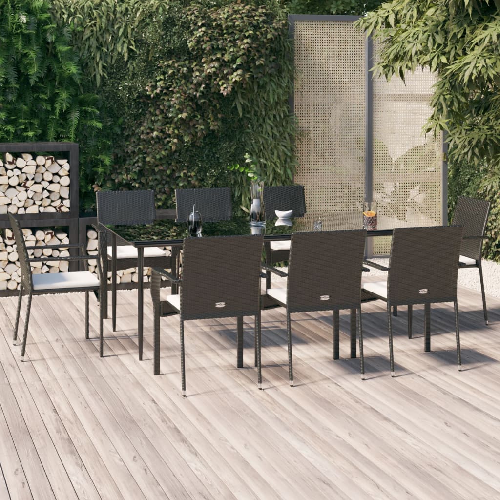 9-tlg. Garten-Essgruppe mit Kissen Schwarz Poly Rattan
