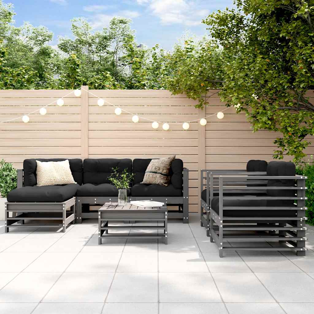 7-tlg. Garten-Lounge-Set mit Kissen Grau Massivholz