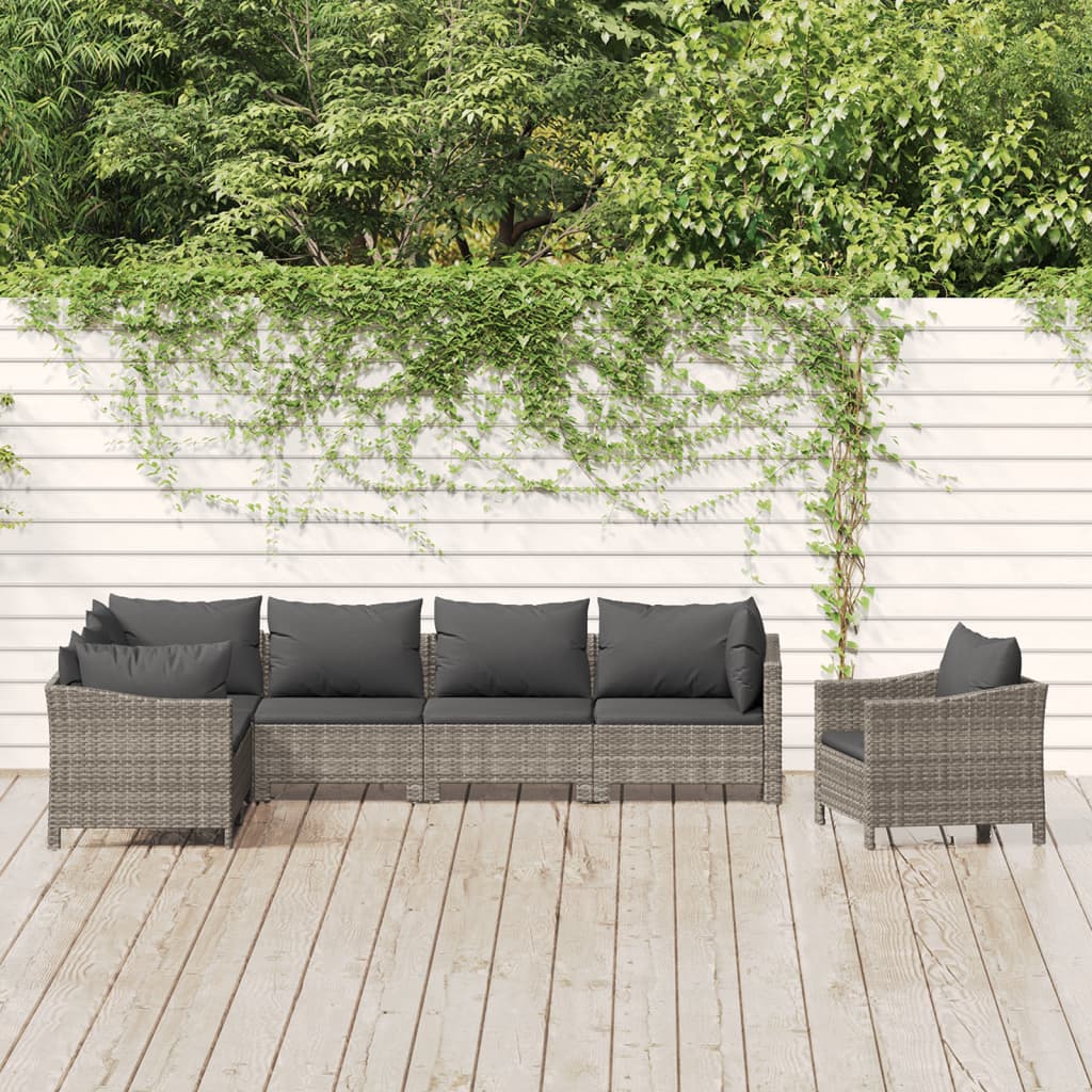 7-tlg. Garten-Lounge-Set mit Kissen Grau Poly Rattan