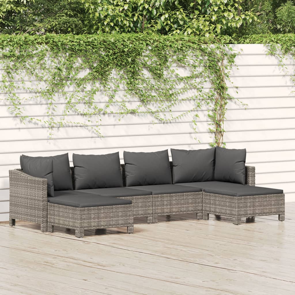 6-tlg. Garten-Lounge-Set mit Kissen Grau Poly Rattan