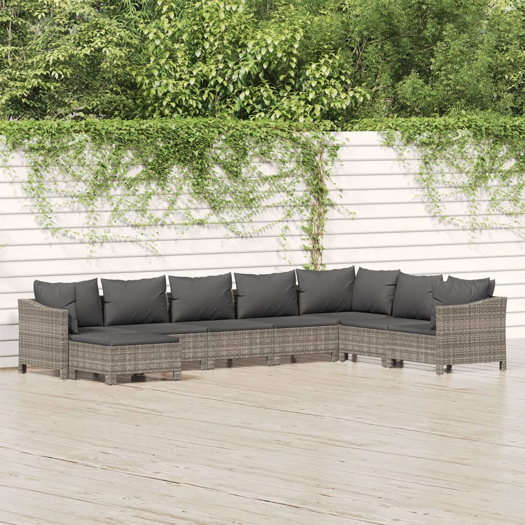 8-tlg. Garten-Lounge-Set mit Kissen Grau Poly Rattan