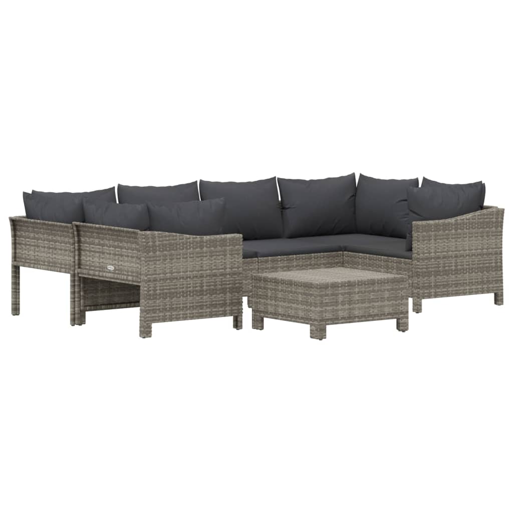 7-tlg. Garten-Lounge-Set mit Kissen Grau Poly Rattan